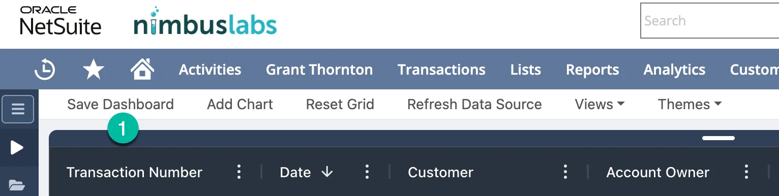 Save Dashboard button on the top menu