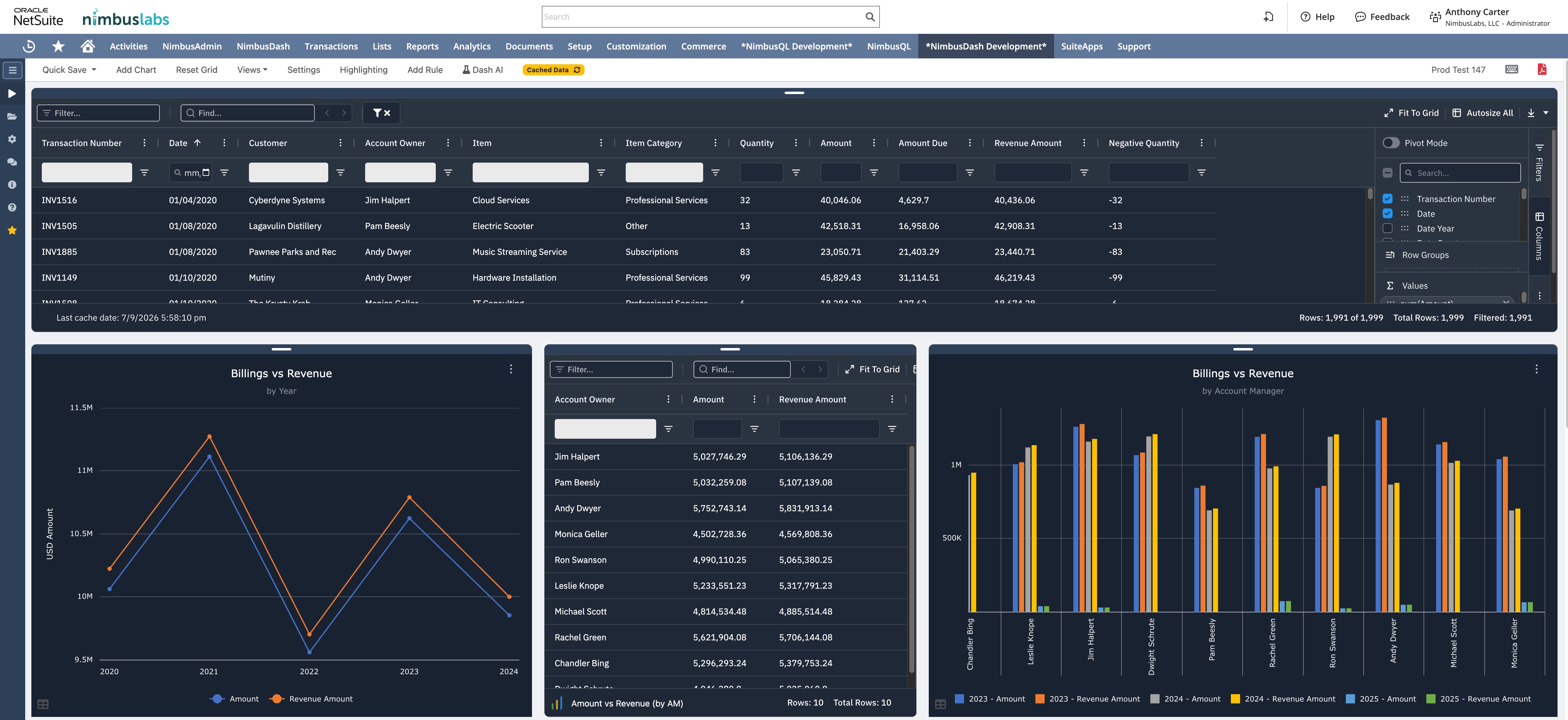 Same dashboard experience in dark mode with pivot panel and billings-vs-revenue charts