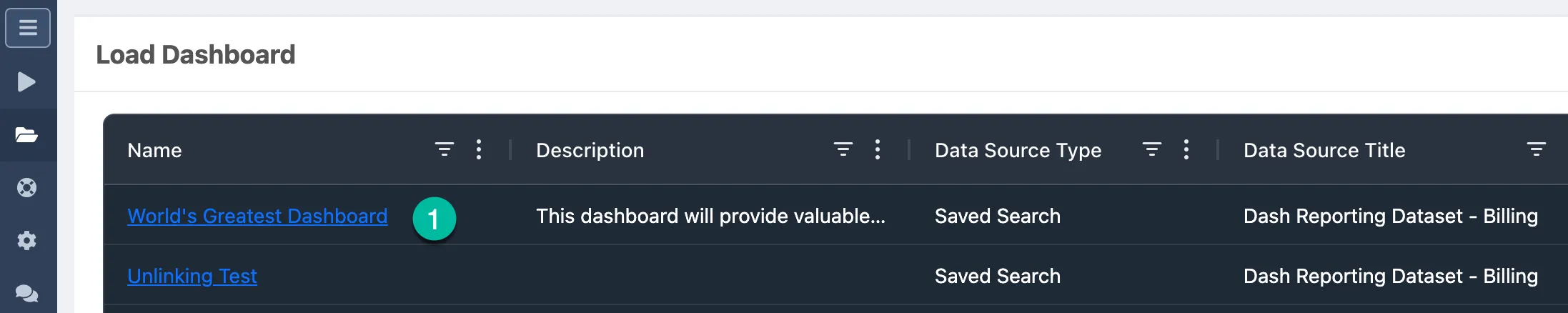 Open a saved dashboard from the load page