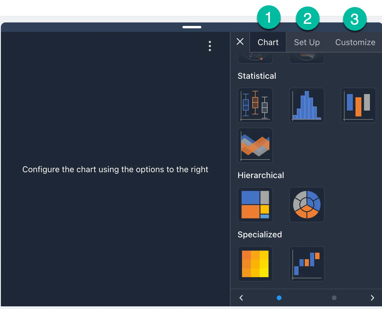 Configure chart type, categories, and series
